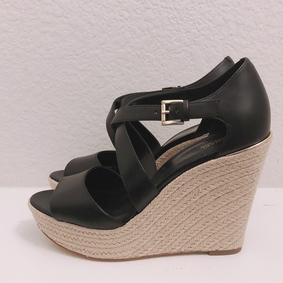 NEW Michael Kors Leather Wedge Sandals Espadrilles Black, Size 9.5 Retail $139 - Picture 3 of 13